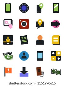 Color and black flat icon set - right arrow vector, mobile phone, document, important flag, cash, tracking, cell, camera, user, download, application, restaurant receipt, home control app