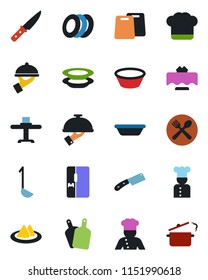 Color and black flat icon set - fridge vector, cook, restaurant table, serviette, cafe, hat, plates, waiter, ladle, bowl, cutting board, knife, steaming pan