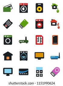 Color and black flat icon set - washer vector, calculator, monitor, speaker, phone back, sim, smart home, credit card, control, remote, router, usb flash