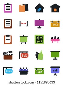 Color and black flat icon set - fence vector, presentation board, meeting, clipboard, clapboard, sale, rooms, sold signboard, smart home, cutting, chip