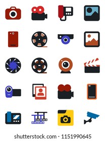 Color and black flat icon set - clapboard vector, film frame, reel, camera, video, phone back, mobile, gallery, photo, web, intercome, surveillance