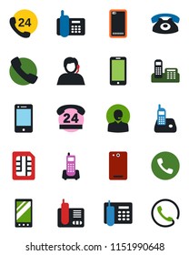 Color and black flat icon set - phone vector, mobile, office, 24 hours, support, cell, radio, back, call, sim