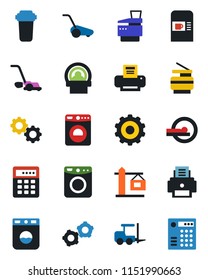 Color and black flat icon set - coffee machine vector, washer, fork loader, gear, lawn mower, tomography, printer, copier, crane, water filter, combination lock