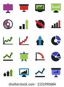 Color and black flat icon set - growth statistic vector, presentation board, crisis graph, monitor, circle chart, statistics, bar, pie, point, arrow up