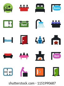 Color and black flat icon set - baby room vector, shower, checkroom, meeting, hospital bed, plan, rent, rooms, bedroom, cushioned furniture, fireplace, door