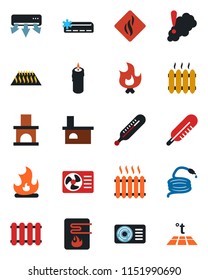 Color and black flat icon set - fire vector, hose, fireplace, thermometer, heater, air conditioner, candle, water, smoke detector, radiator, warm floor