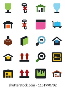 Color and black flat icon set - baggage trolley vector, fragile, warehouse storage, up side sign, no hook, package, search cargo, scanner, blank box