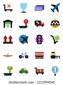 Color and black flat icon set - plane vector, taxi, bike, railroad, traffic light, cargo container, car delivery, sea port, fragile, up side sign, no trolley, heavy scales, moving, air balloon
