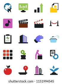 Color and black flat icon set - fence vector, baby room, plane globe, office building, growth statistic, monitor, document reload, glove, pulse clipboard, heavy scales, clapboard, menu, music