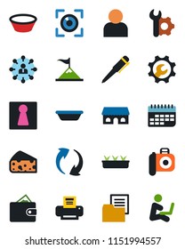 Color and black flat icon set - female vector, hierarchy, pen, seedling, term, folder document, camera, update, user, root setup, printer, cafe building, bowl, cheese, eye scan, motivation, wallet