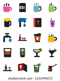 Color and black flat icon set - hot cup vector, coffee machine, water supply, alcohol, wine card, drink, cocktail, phyto bar, beer, turkish