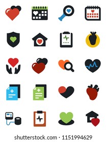 Color and black flat icon set - heart vector, pulse, diagnosis, blood pressure, diagnostic, shield, hand, real, medical calendar, clipboard, sweet home