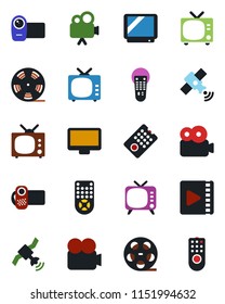 Color and black flat icon set - tv vector, reel, satellite, video camera, remote control, monitor