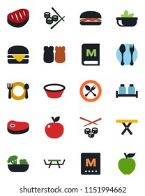 Color and black flat icon set - spoon and fork vector, picnic table, cafe, menu, salad, salt pepper, steak, hamburger, bowl, sushi, apple fruit