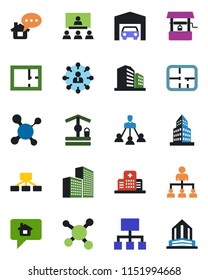 Color and black flat icon set - hierarchy vector, well, molecule, hospital, office building, garage, plan, home message