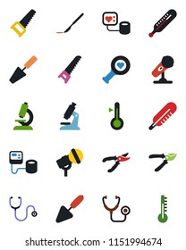 Color and black flat icon set - trowel vector, pruner, saw, stethoscope, blood pressure, thermometer, heart diagnostic, microscope, scalpel, microphone