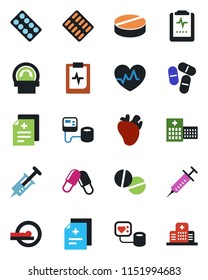 Color and black flat icon set - heart pulse vector, diagnosis, syringe, blood pressure, pills, blister, tomography, real, clipboard, hospital
