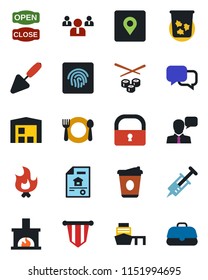 Color and black flat icon set - trash bin vector, pennant, team, coffee, trowel, fire, syringe, sea port, dialog, speaker, place tag, lock, fingerprint id, warehouse, estate document, fireplace