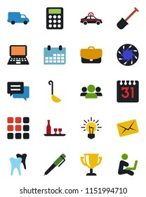 Color and black flat icon set - alarm car vector, notebook pc, calendar, shovel, tooth, delivery, menu, message, mobile camera, calculator, pen, alcohol, ladle, group, idea, case, mail, award cup