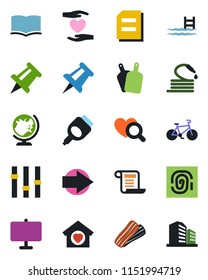 Color and black flat icon set - globe vector, right arrow, book, document, drawing pin, hose, heart diagnostic, bike, hand, settings, hdmi, presentation board, pool, sweet home, bacon, cutting