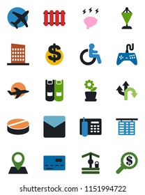 Color and black flat icon set - credit card vector, disabled, flight table, dollar sign, book, pennant, brainstorm, well, pills, route, pin, plane, gamepad, mail, office phone, flower in pot