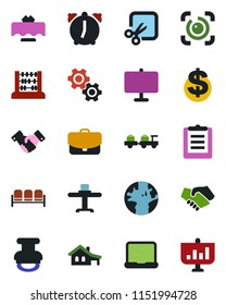 Color and black flat icon set - waiting area vector, baggage larry, handshake, dollar sign, abacus, earth, clipboard, alarm, cut, eye id, presentation board, notebook pc, stamp, house with garage