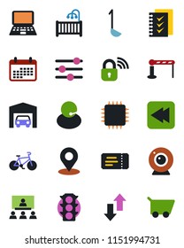 Color and black flat icon set - barrier vector, ticket, notebook pc, bike, traffic light, support, rewind, tuning, data exchange, place tag, checklist, hierarchy, garage, children room, ladle, chip