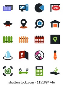 Color and black flat icon set - tie vector, calendar, circle chart, fence, water drop, cargo container, warehouse, route, place tag, eye id, pie graph, sale, estate search, wine card, dress code, pc