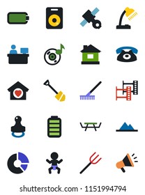 Color and black flat icon set - baby vector, manager place, job, circle chart, farm fork, rake, house, picnic table, satellite, film frame, speaker, battery, music, desk lamp, stamp, mountains