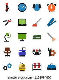 Color and black flat icon set - alarm clock vector, gear, rake, pruner, hoe, blood test vial, group, root setup, company, presentation board, office chair, desk lamp, tie, notebook pc, copier, case