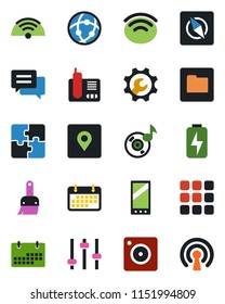Color and black flat icon set - term vector, radio phone, mobile, menu, message, camera, tuning, themes, network, folder, wireless, place tag, compass, music, charge, application, root setup