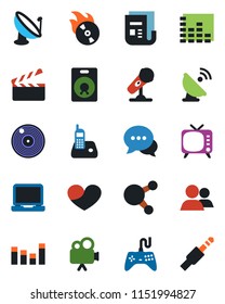 Color and black flat icon set - satellite antenna vector, clapboard, vinyl, flame disk, microphone, news, tv, gamepad, equalizer, video camera, dialog, laptop pc, radio phone, share, speaker, group