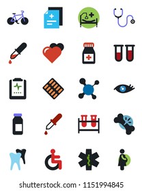 Color and black flat icon set - heart vector, diagnosis, molecule, stethoscope, blood test vial, dropper, pills bottle, blister, ampoule, ambulance star, bike, hospital bed, disabled, tooth, eye
