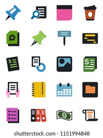 Color and black flat icon set - document search vector, notepad, coffee, drawing pin, calendar, reload, plant label, receipt, paper, gallery, folder, blank box, checklist, binder, restaurant, cash