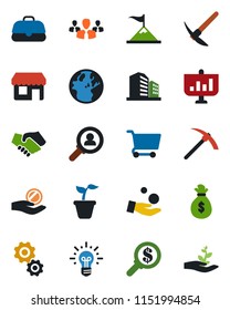 Color and black flat icon set - seedling vector, consumer search, group, gear, motivation, handshake, money bag, earth, investment, idea, cart, case, presentation, storefront, office building