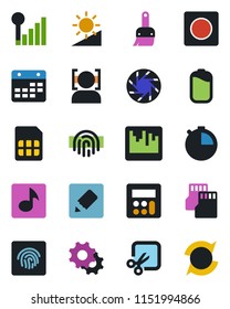 Color and black flat icon set - mobile camera vector, settings, themes, calculator, stopwatch, record, scanner, sd, sim, calendar, notes, brightness, cut, face id, fingerprint, music, battery