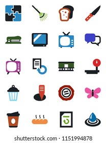 Color and black flat icon set - coffee vector, document reload, stamp, rake, butterfly, plant label, garden light, heavy scales, railroad, tv, dialog, application, stapler, bread, knife, water