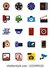 Color and black flat icon set - camera vector, clapboard, film frame, reel, video, phone back, mobile, gallery, photo, web, intercome, surveillance