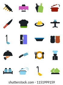 Color and black flat icon set - fridge vector, cook, restaurant table, serviette, cafe, hat, waiter, salt and pepper, ladle, bowl, rolling pin, cutting board, knife, steaming pan