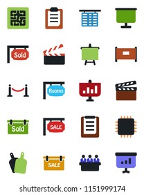 Color and black flat icon set - fence vector, flight table, presentation board, meeting, clipboard, clapboard, sale, rooms, sold signboard, cutting, chip