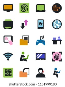 Color and black flat icon set - support vector, folder document, gamepad, tv, network, monitor, hdmi, data exchange, wireless, manager desk, notebook pc, chip, fingerprint, home control app