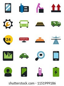 Color and black flat icon set - runway vector, airport bus, baby room, mobile phone, office, 24 hours, car delivery, up side sign, search cargo, cell, scanner, root setup, support, moving, reserved