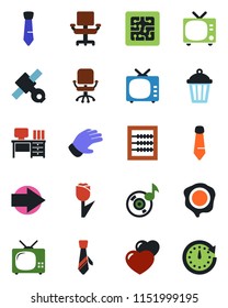 Color and black flat icon set - tv vector, right arrow, office chair, desk, tie, stamp, glove, garden light, satellite, tulip, heart, music, abacus, chip, clock