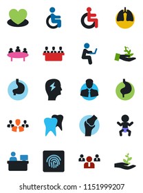 Color and black flat icon set - baby vector, team, brainstorm, meeting, manager place, heart, disabled, stomach, lungs, tooth, joint, client, fingerprint id, group, palm sproute, man with notebook