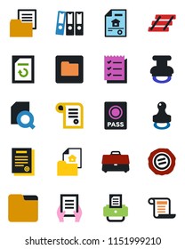 Color and black flat icon set - passport vector, document, reload, stamp, printer, folder, case, search, checklist, paper binder, tray, contract, estate