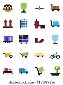 Color and black flat icon set - taxi vector, baggage conveyor, trolley, airport bus, plane, seat map, wheelbarrow, bike, sea shipping, truck trailer, car delivery, port, consolidated cargo, fragile