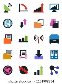 Color and black flat icon set - antenna vector, growth statistic, office binder, crisis graph, document, folder, satellite, network, sd, data exchange, download, monitor statistics, bar, archive box