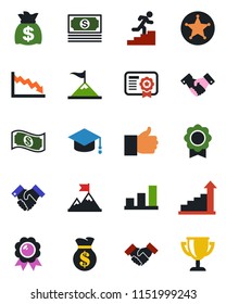 Color and black flat icon set - handshake vector, growth statistic, medal, graduate, money bag, cash, finger up, sertificate, bar graph, career ladder, police, motivation, crisis, certificate