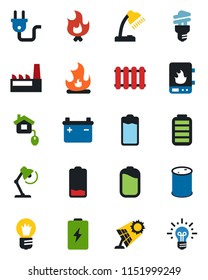 Color and black flat icon set - bulb vector, fire, oil barrel, battery, low, desk lamp, factory, home control, power plug, water heater, radiator, energy saving, sun panel, idea