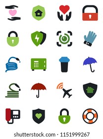 Color and black flat icon set - plane radar vector, umbrella, safe, lock, glove, hose, heart shield, hand, protect, eye id, estate insurance, intercome, water filter, home, crisis management